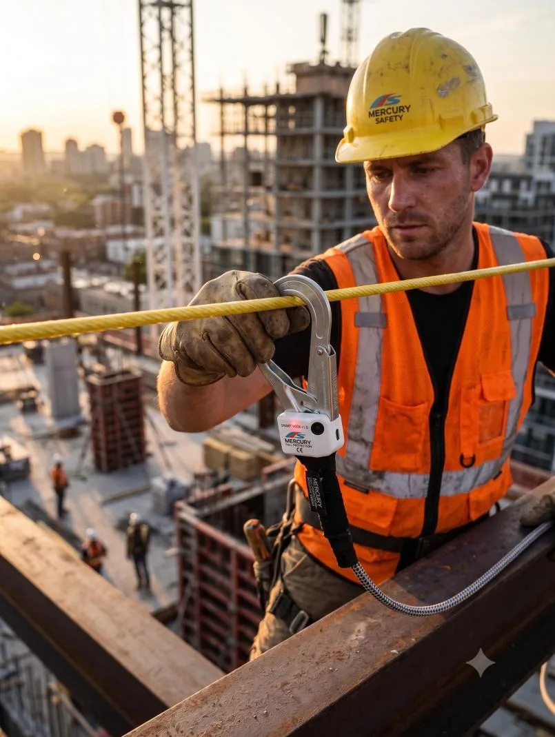 Mercury smart safety hook in use at height